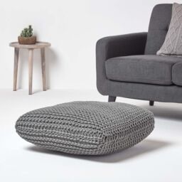 Homescapes Square Cotton Knitted Pouffe Floor Cushion in Grey - thumbnail 2