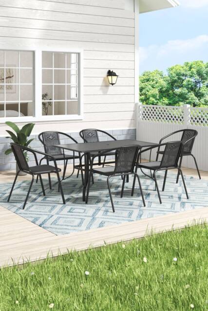 H&O Direct Garden Metal Slatted Coffee Table & Six Rattan Chairs in Black - image 1