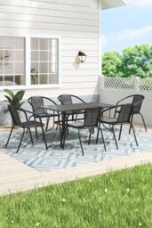 H&O Direct Garden Metal Slatted Coffee Table & Six Rattan Chairs in Black - thumbnail 1