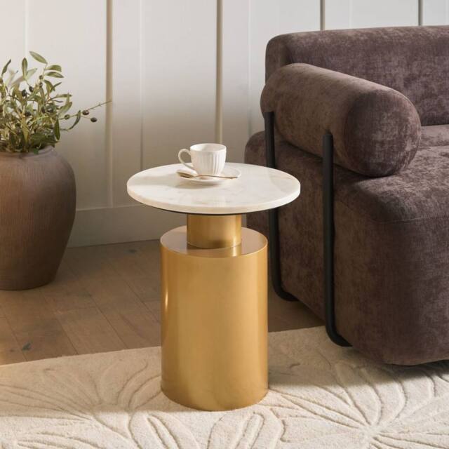 Wyld and Coco White Marble Round Side Table with Gold Metal Base 40 cm - image 1
