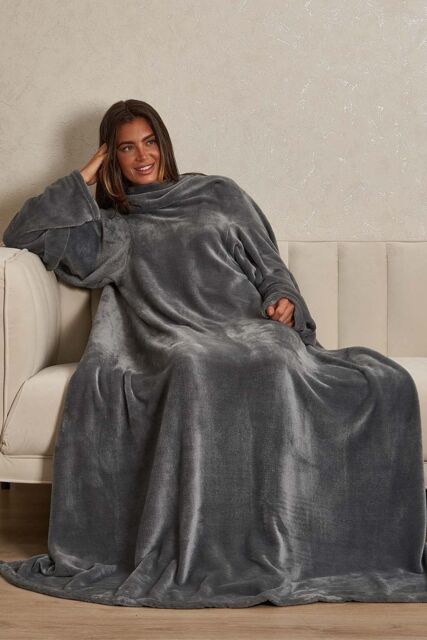 OHS Women's Coral Fleece Wearable Blanket with Sleeves Throw in Charcoal - image 1