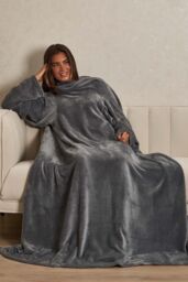 OHS Women's Coral Fleece Wearable Blanket with Sleeves Throw in Charcoal - thumbnail 1