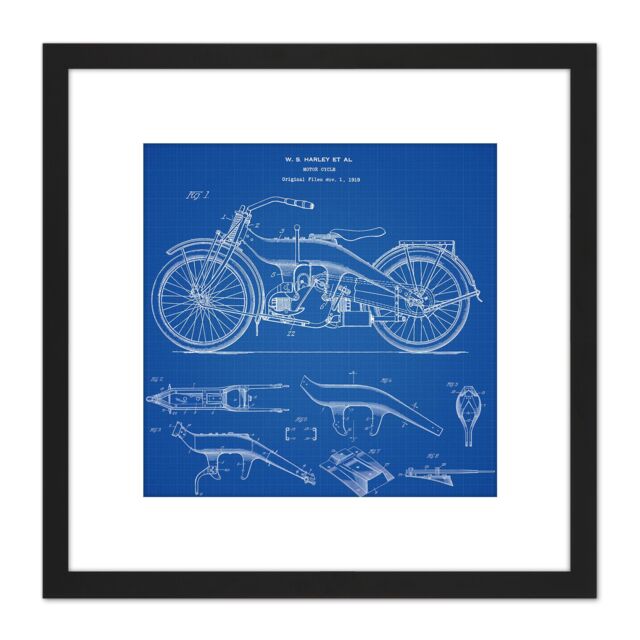 Artery8 Harley Classic Motor Cycle Bike Parts 1924 Patent Plan 8X8 Inch Square Wooden Framed Wall Art Print Picture with Mount in Black - image 1