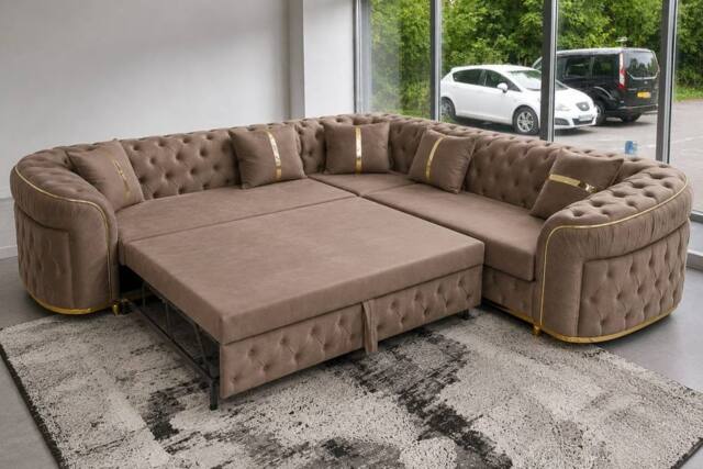 Stratus Interiors Ambassador Luxury Velvet Corner Sofa Bed with Gold Trim Detail in Brown - image 1