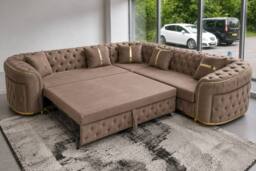 Stratus Interiors Ambassador Luxury Velvet Corner Sofa Bed with Gold Trim Detail in Brown - thumbnail 1