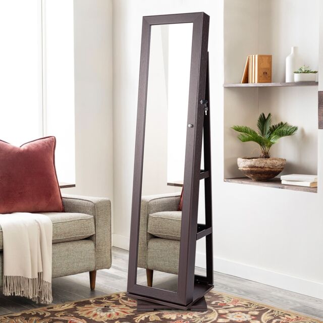 Gymax Jewelry Armoire With Full Length Mirror 360 Rotating Jewelry Cabinet in Dark Brown - image 1