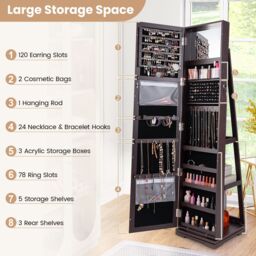 Gymax Jewelry Armoire With Full Length Mirror 360 Rotating Jewelry Cabinet in Dark Brown - thumbnail 6