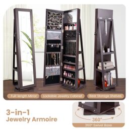 Gymax Jewelry Armoire With Full Length Mirror 360 Rotating Jewelry Cabinet in Dark Brown - thumbnail 3