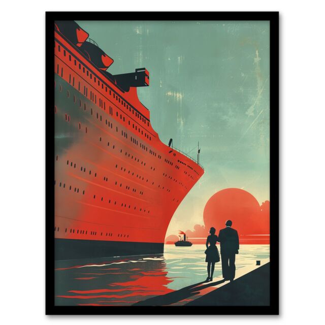 Artery8 Cruise Ship Sunset Harbour Red Blue Travel Advert Framed Wall Art - Size: A4 - image 1