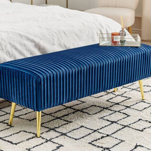 Wyld and Coco Blue Velvet Bench with Gold Metal Legs 118 x 40 cm - image 1