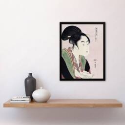 Artery8 Woman Reading Scroll Portrait Vintage Framed Wall Art Print Kitagawa in Pink - Size: A4 - thumbnail 4