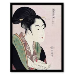 Artery8 Woman Reading Scroll Portrait Vintage Framed Wall Art Print Kitagawa in Pink - Size: A4 - thumbnail 1
