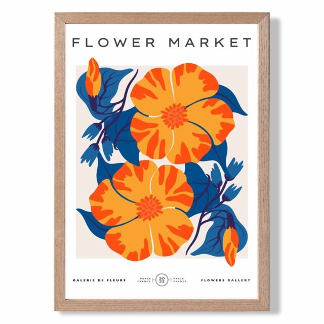 ARTZE Orange & Blue Cosmos Flower Market Exhibition Framed Print SIZE: A2 with Oak Frame - image 1