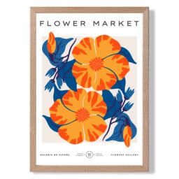 ARTZE Orange & Blue Cosmos Flower Market Exhibition Framed Print SIZE: A2 with Oak Frame - thumbnail 1