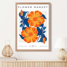 ARTZE Orange & Blue Cosmos Flower Market Exhibition Framed Print SIZE: A2 with Oak Frame - thumbnail 2