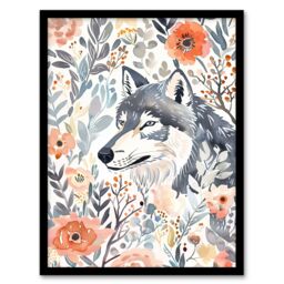 Artery8 Wolf & Wild Roses Floral Pastel Watercolour Framed Wall Art in Pink - Size: A4 - thumbnail 1