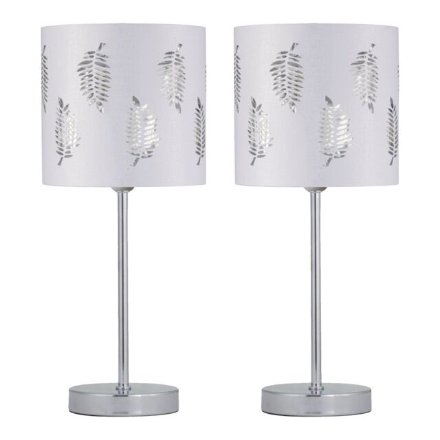 First Choice Lighting Set of 2 Chrome Stick Table Lamps with White Fern Shades in Silver - image 1