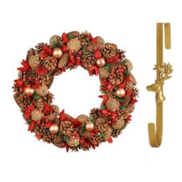 Dibor 50cm Giant Canterbury Christmas Wreath with Deer Wreath Hanger in Red - thumbnail 1