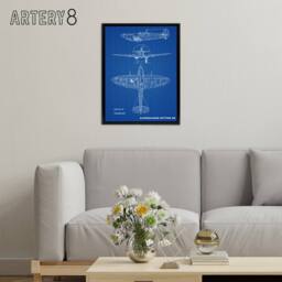 "Artery8 Supermarine Spitfire 5b Blueprint Framed Canvas Wall Art Print in Blue - Size: W12"" x H16""" - thumbnail 3