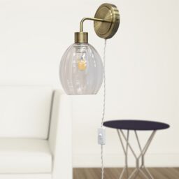 First Choice Lighting Toby - Antique Brass Plug in Wall Light with Birch Fluted Glass Shade in Gold - thumbnail 4