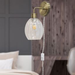 First Choice Lighting Toby - Antique Brass Plug in Wall Light with Birch Fluted Glass Shade in Gold - thumbnail 3