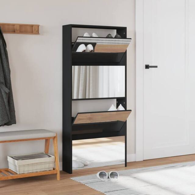 Berkfield Home Shoe Cabinet with Mirror 4-Layer Black 63x17x134 cm - Size: 63 x 17 x 134 cm - image 1