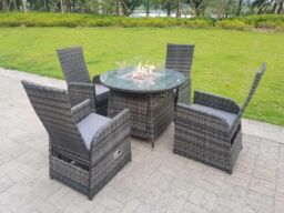Fimous Rattan Outdoor Garden Furniture Gas Fire Pit Dining Table Gas Heater Burner Table & Chair Sets 4 Seater in Dark Grey - thumbnail 1