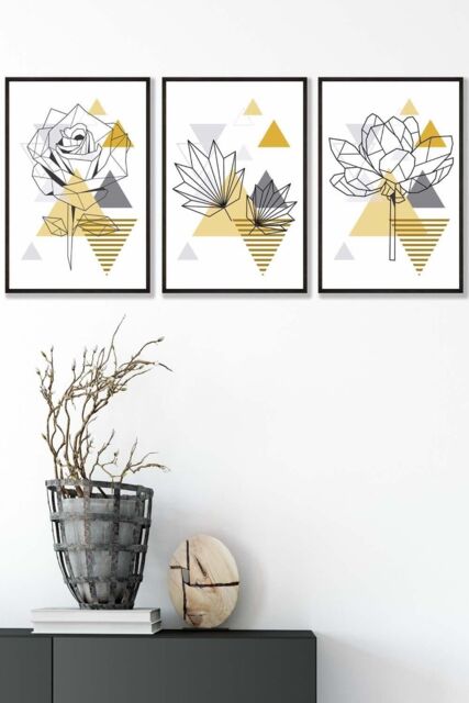 ARTZE Framed Yellow & Grey Geometric Flowers Framed Wall Art - Medium in Black - Size: W45 cm x H62 cm x D20mm - image 1