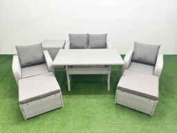 Fimous Light Grey PE Wicker Rattan Garden Furniture Set Sofa Set Reclining Chair Rectangular Dining Table 6 Seater 2 Big Stools Side Table - thumbnail 1
