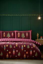 Catherine Lansfield 'Christmas Nutcracker Stripe' Reversible Duvet Cover Set in Plum - Size: Double - thumbnail 1