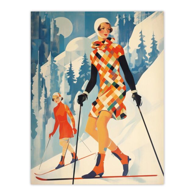 "Wee Blue Coo Wall Art Print Klosters Chic Fashion Skier Women Going Down Slopes Orange Blue Bright Retro Oil Painting Poster - Size: W18"" x H24""" - image 1