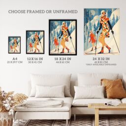 "Wee Blue Coo Wall Art Print Klosters Chic Fashion Skier Women Going Down Slopes Orange Blue Bright Retro Oil Painting Poster - Size: W18"" x H24""" - thumbnail 3