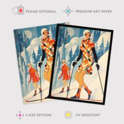 "Wee Blue Coo Wall Art Print Klosters Chic Fashion Skier Women Going Down Slopes Orange Blue Bright Retro Oil Painting Poster - Size: W18"" x H24""" - thumbnail 2