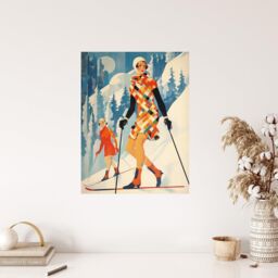 "Wee Blue Coo Wall Art Print Klosters Chic Fashion Skier Women Going Down Slopes Orange Blue Bright Retro Oil Painting Poster - Size: W18"" x H24""" - thumbnail 4