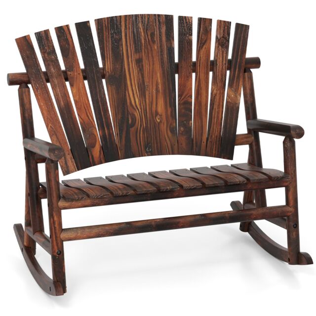 Costway 2-Person Adirondack Rocking Chair Solid Wood Patio Bench Loveseat in Brown - image 1