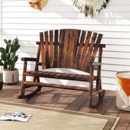 Costway 2-Person Adirondack Rocking Chair Solid Wood Patio Bench Loveseat in Brown - thumbnail 9