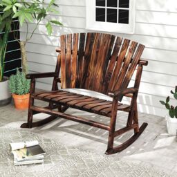 Costway 2-Person Adirondack Rocking Chair Solid Wood Patio Bench Loveseat in Brown - thumbnail 3
