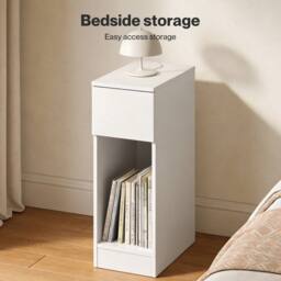 VOGREX White Slim Bedside Cabinet Drawer & Open Shelf - thumbnail 4