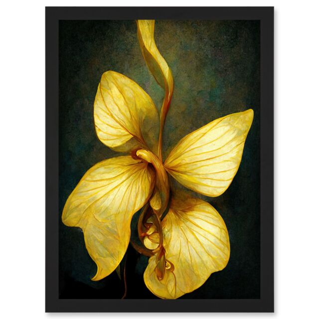 Artery8 Single Detailed Golden Yellow Orchid Flower Artwork Framed Wall Art Print A4 in Black - image 1