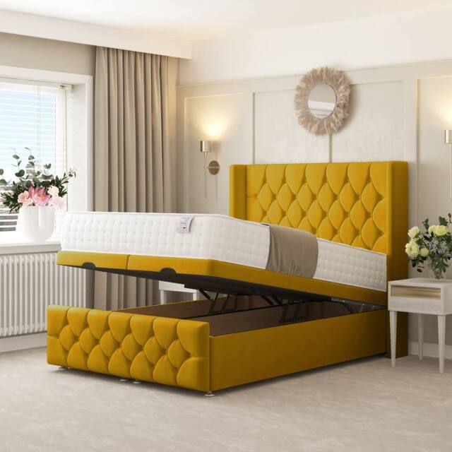 "Bed Choices Deluxe Ottoman Upholstered Divan Bed with 54"" Headboard in Mustard - Size: Super King" - image 1