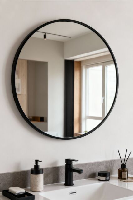 Living and Home 70cm Black Round Bathroom Mirror, Anti-Fog & Explosion-Proof Aluminium Frame, Moisture-Resistant Design - image 1