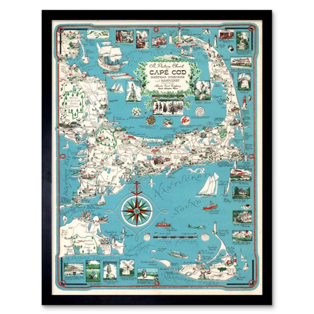 "Artery8 Wall Art Print Ernest Chase 1949 Bright Pictorial Map Cape Cod Nantucket Massachusetts Art Framed in Black - Size: W12"" x H16""" - image 1
