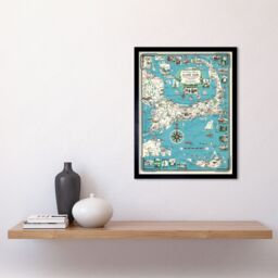 "Artery8 Wall Art Print Ernest Chase 1949 Bright Pictorial Map Cape Cod Nantucket Massachusetts Art Framed in Black - Size: W12"" x H16""" - thumbnail 2