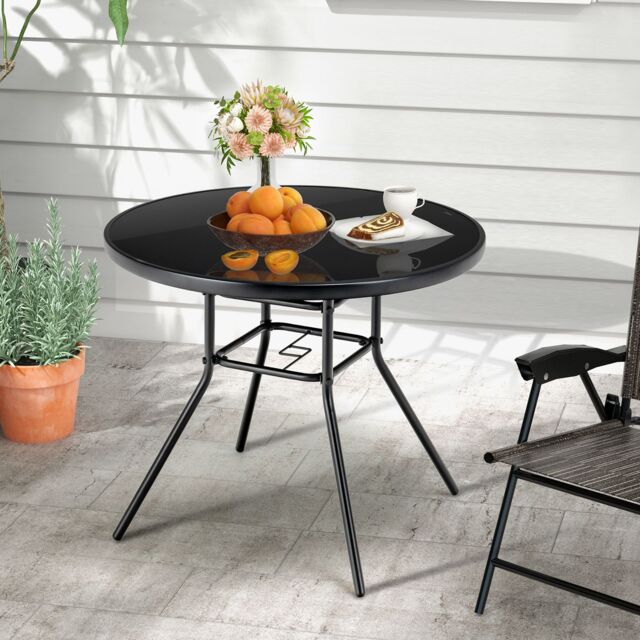 Costway Outdoor Dining Table Patio Round Tempered Glass Table with 35mm Umbrella Hole in Black
