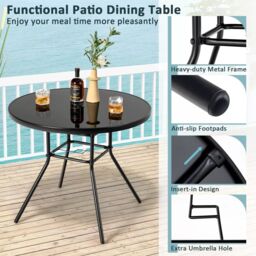 Costway Outdoor Dining Table Patio Round Tempered Glass Table with 35mm Umbrella Hole in Black - thumbnail 2