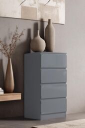 FWStyle 4 Drawer Grey Gloss Chest Of Drawers Bedroom Storage Tall Slim Design
