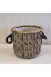 KDMD Grey Rustic Round Log Basket with Rope Handles - thumbnail 1