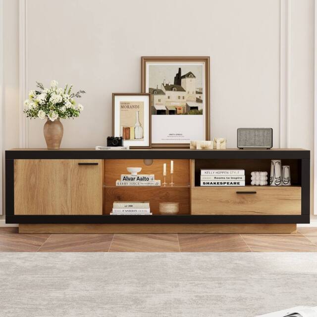 Merax Industrial Oak & Black LED TV Stand with Drawer & Glass Shelves in Natural - image 1