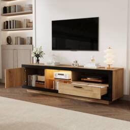 Merax Industrial Oak & Black LED TV Stand with Drawer & Glass Shelves in Natural - thumbnail 5