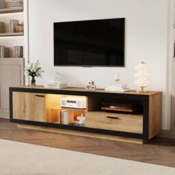 Merax Industrial Oak & Black LED TV Stand with Drawer & Glass Shelves in Natural - thumbnail 4
